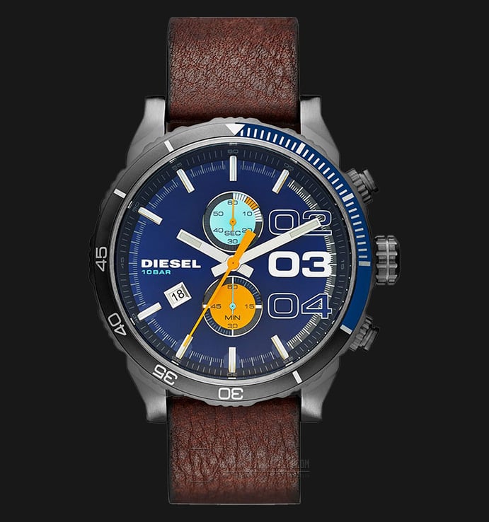 Diesel DZ4350 Double Down 2.0 Chrono Blue Dial Brown Leather Strap Watch