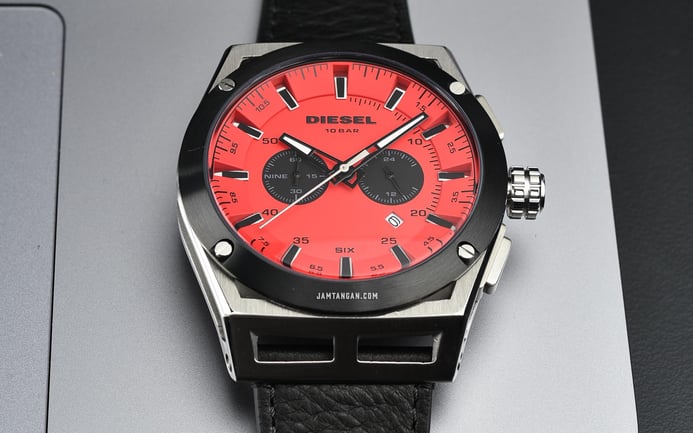 Diesel Timeframe DZ4591 Chronograph Men Red Dial Black Leather Strap
