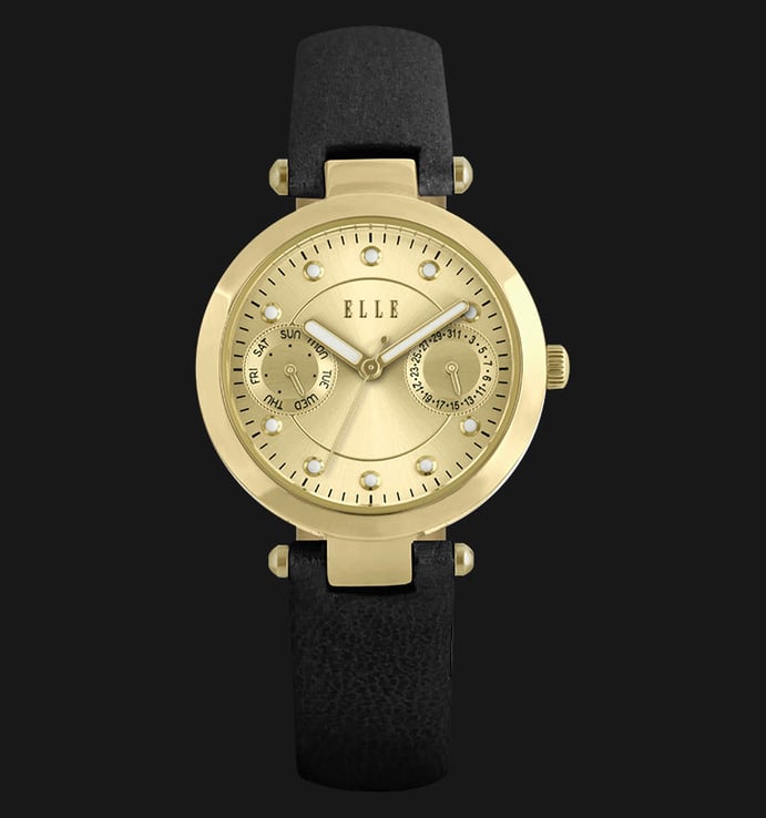 ELLE EL20317S05C Day and Date Display Gold Plated Stainless Steel Leather Strap