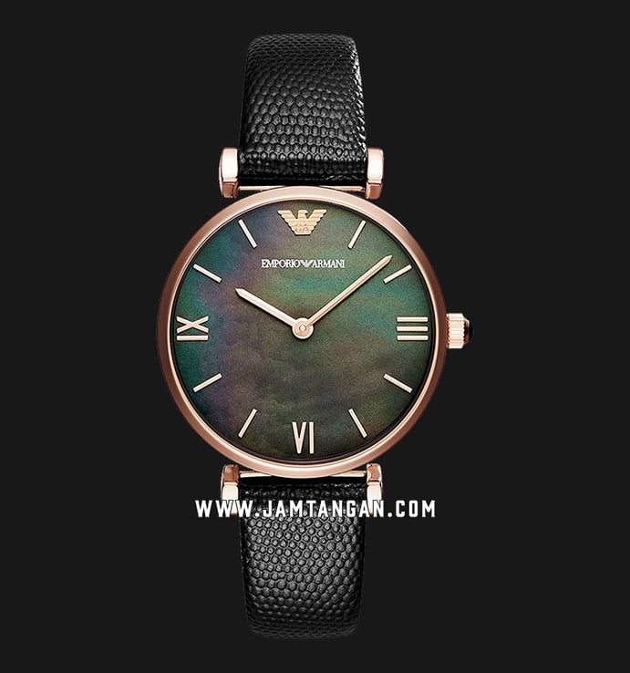 Emporio Armani Gianni T-Bar AR11060 Mother of Pearl Dial Black Leather Strap