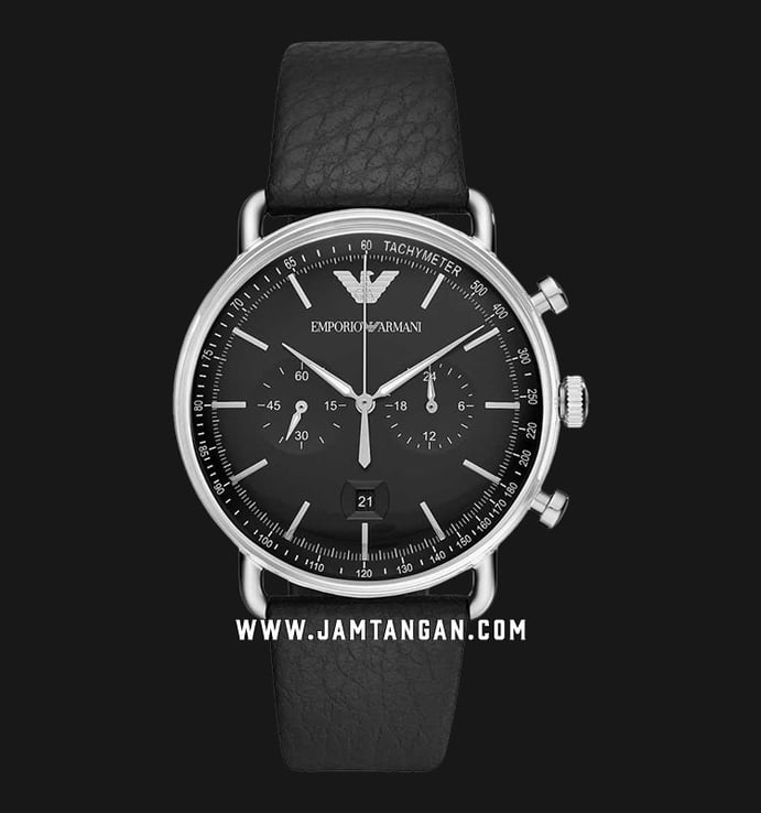 Emporio Armani Aviator AR11143 Chronograph Men Black Dial Black Leather Strap