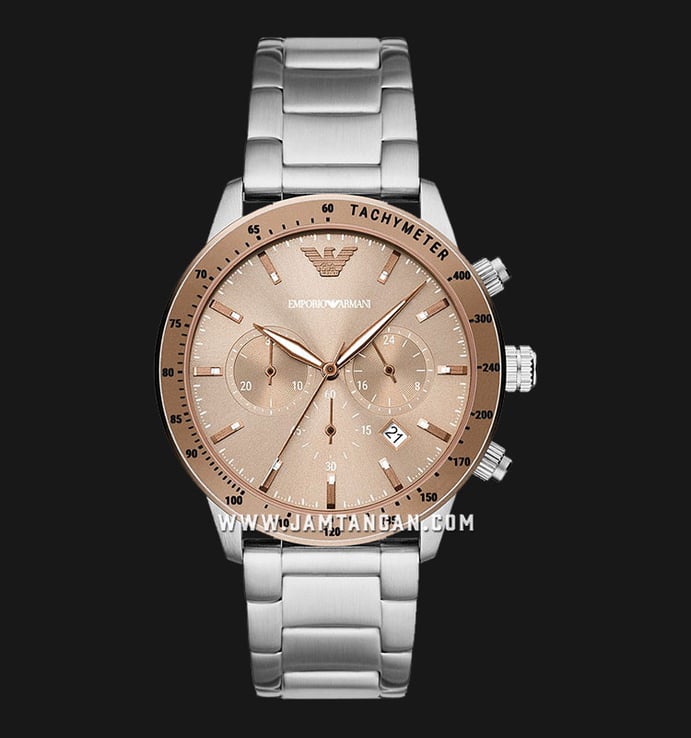 Emporio Armani Chronograph AR11352 Men Beige Gold Dial Silver Stainless Steel Strap