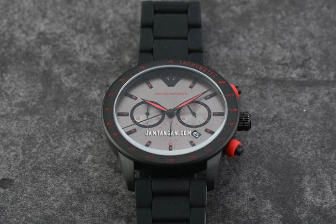 Emporio Armani Chronograph AR11392 Men Grey Dial Black Stainless Steel With Silicone Strap