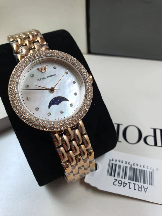 Emporio Armani Fashion AR11462 Moonphase Mother of Pearl Dial Rose Gold Stainless Steel Strap
