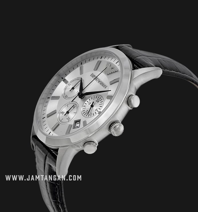 Emporio Armani AR2432 Chronograph Silver Dial Black Leather Strap