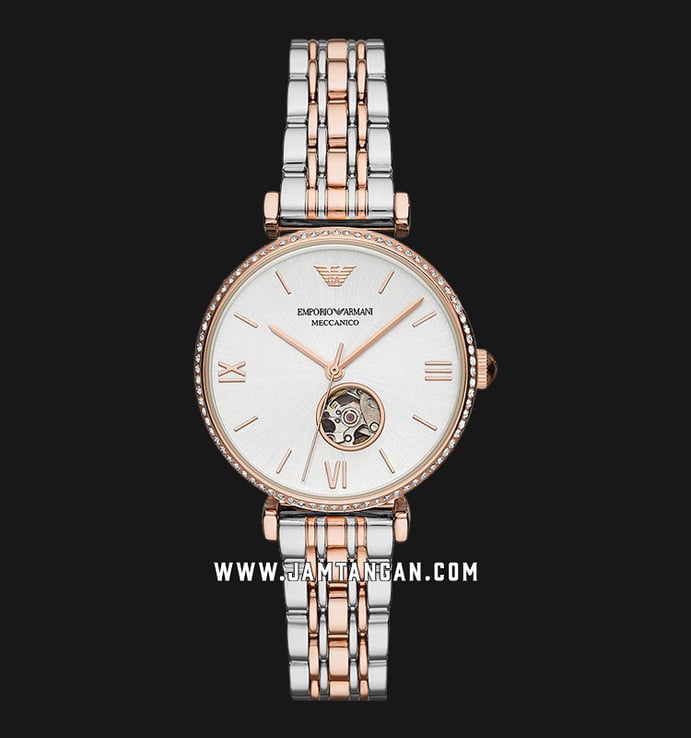 Emporio Armani Automatic AR60019 Ladies Silver Open Heart Dial Two Tone Stainless Steel Strap