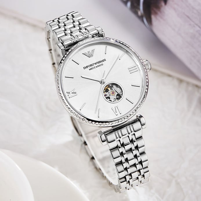 Emporio Armani Automatic AR60022 Ladies Silver Open Heart Dial Silver Stainless Steel Strap