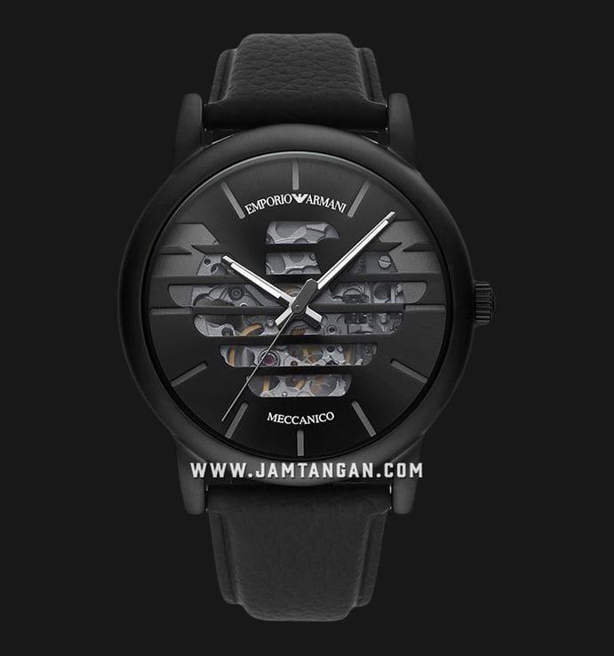Emporio Armani Automatic AR60032 Meccanico Men Black Skeleton Dial Black Leather Strap