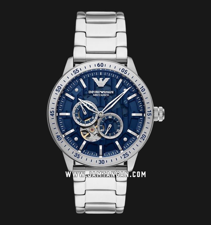 Emporio Armani Automatic AR60052 Meccanico Men Open Heart Blue Dial Stainless Steel Strap