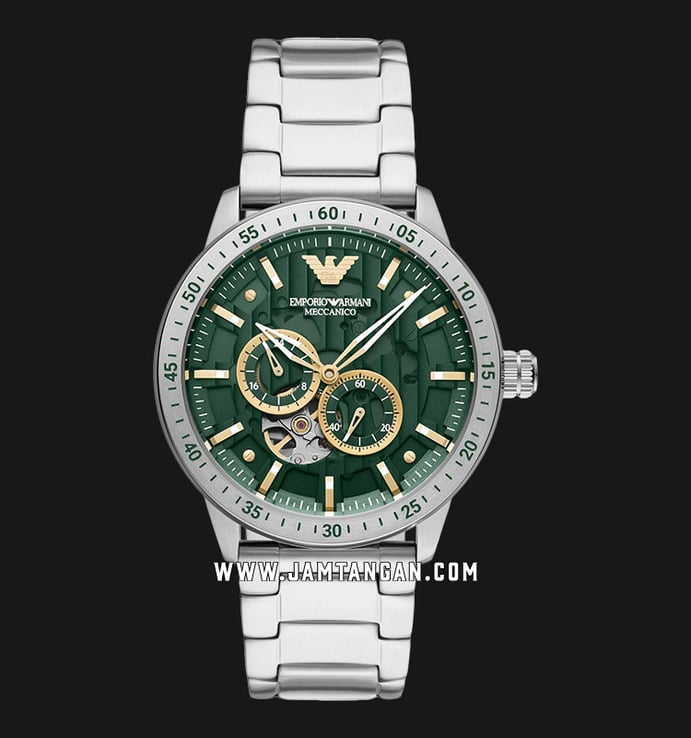 Emporio Armani Automatic AR60053 Meccanico Men Open Heart Green Dial Stainless Steel Strap