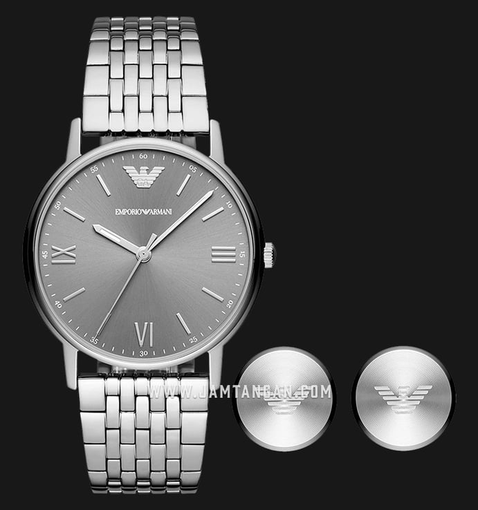 Emporio Armani AR80030 Gray Dial Stainless Steel Strap + Cufflinks Gift Set