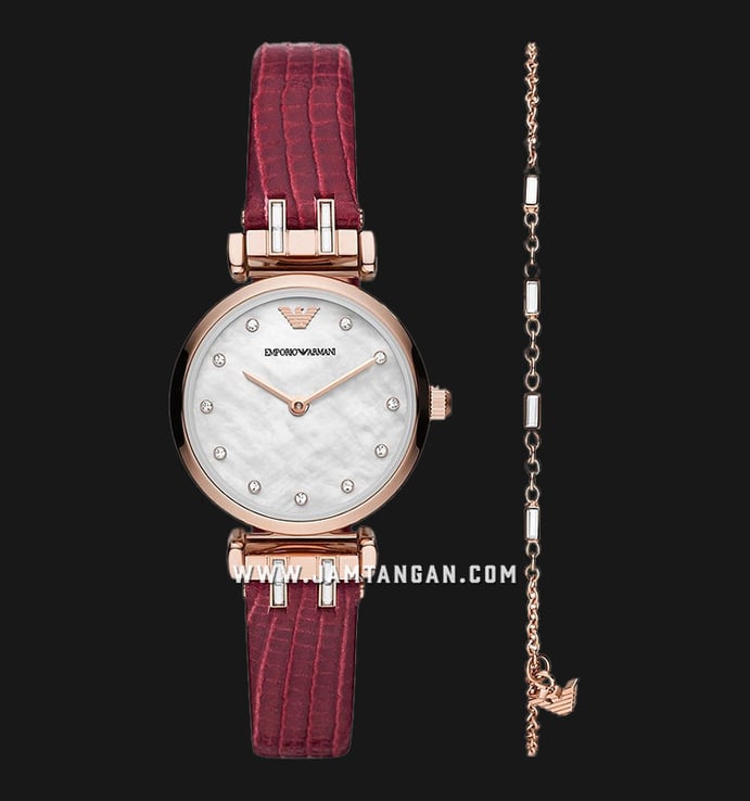 Emporio Armani Fashion AR80052 Ladies Mother Of Pearl Dial Burgundy Leather Strap