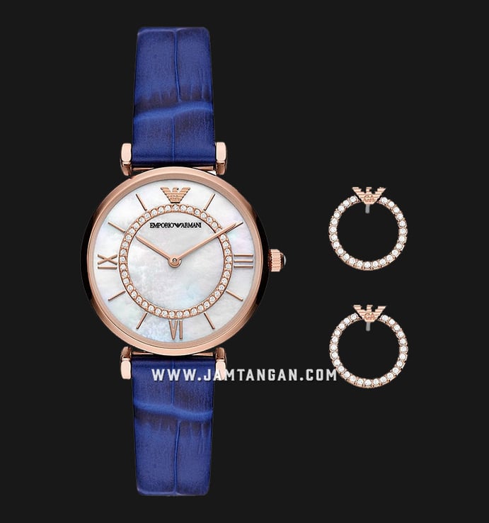 Emporio Armani Fashion AR80053 Ladies Mother Of Pearl Dial Blue Leather Strap + Gift Set