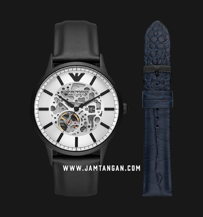 Emporio Armani Automatic AR80060 Meccanico Men Skeleton White Dial Black Leather Strap + Extra Strap