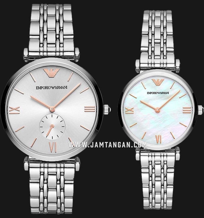 Emporio Armani AR90004 Couple Silver and White MOP Dial Stainless Steel Strap