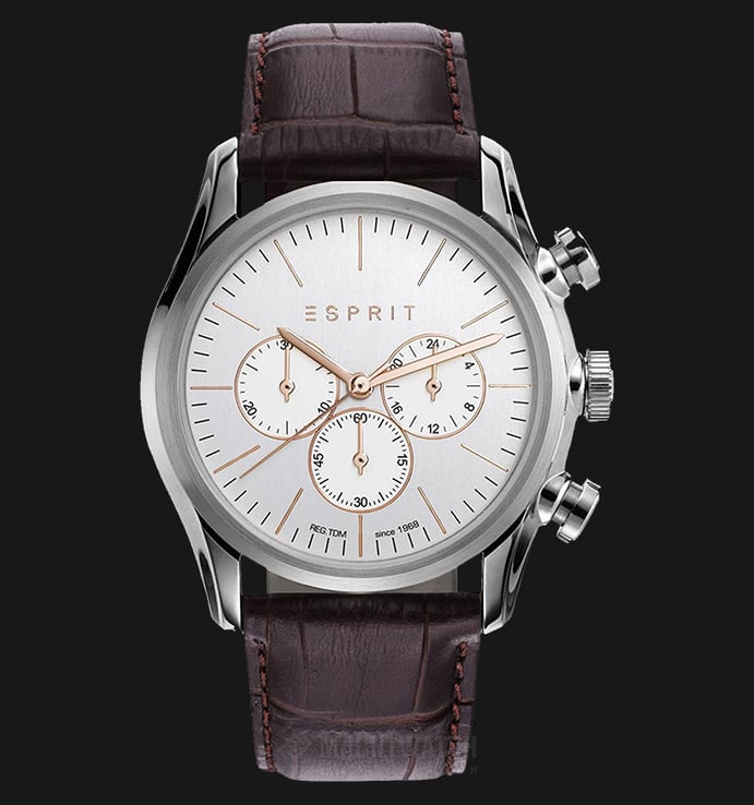 ESPRIT ES108801002 Men Chronograph Silver Dial Stainless Steel Case Leather Strap