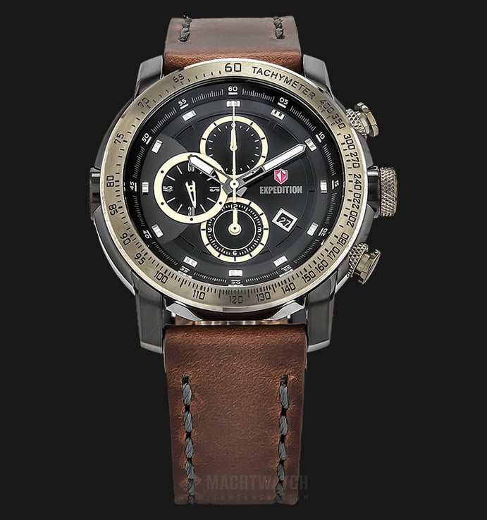 Expedition E 6372 MC LEPBA Chronograph Men Black Dial Ion Plating Case Brown Leather Strap