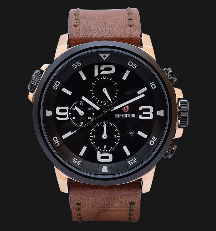 Expedition EXF-6392-MCLBRBA Man Black Dial Brown Leather Strap