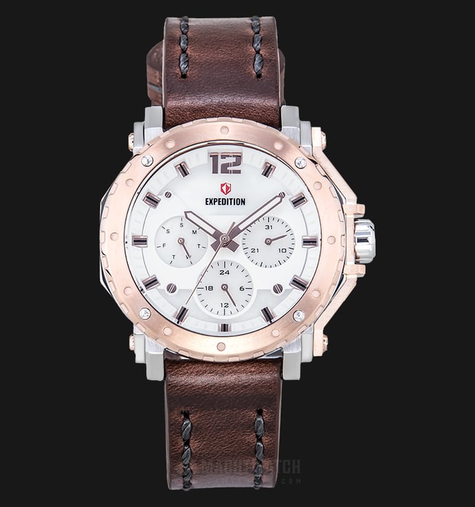 Expedition E 6402 BF LTRSL Ladies Silver Dial Brown Leather Strap