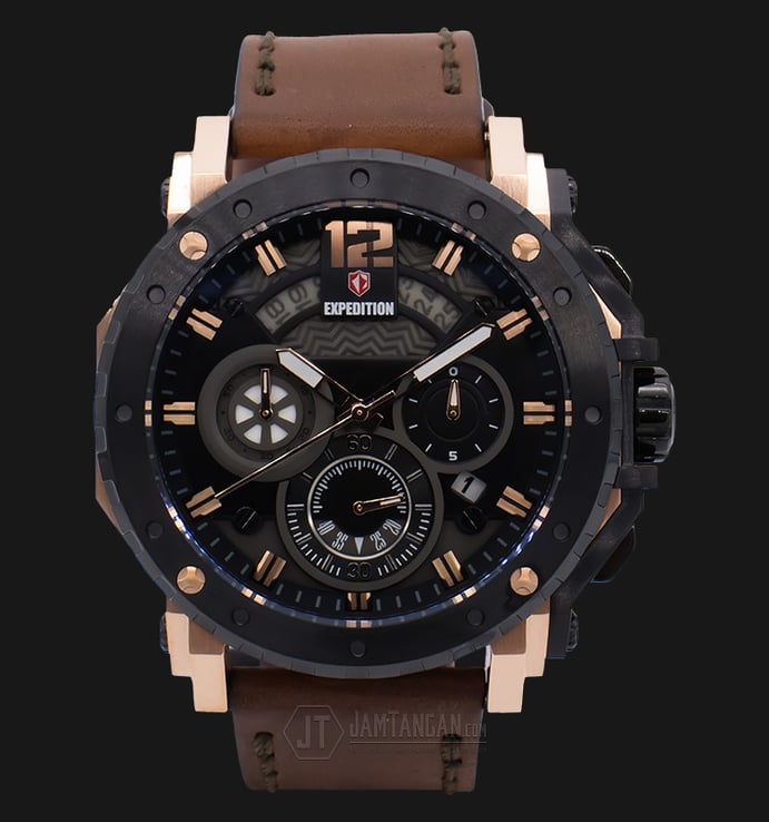 Expedition Chronograph EXF-6402-MCLBRBA Man Black Dial Brown Leather Strap