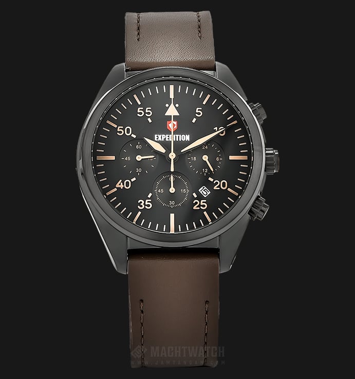 Expedition E 6675 MC LIPBABO Chronograph Men Black Dial Ion Plating Case Brown Leather Strap