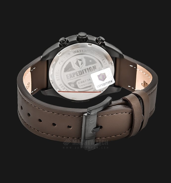 Expedition E 6675 MC LIPBABO Chronograph Men Black Dial Ion Plating Case Brown Leather Strap