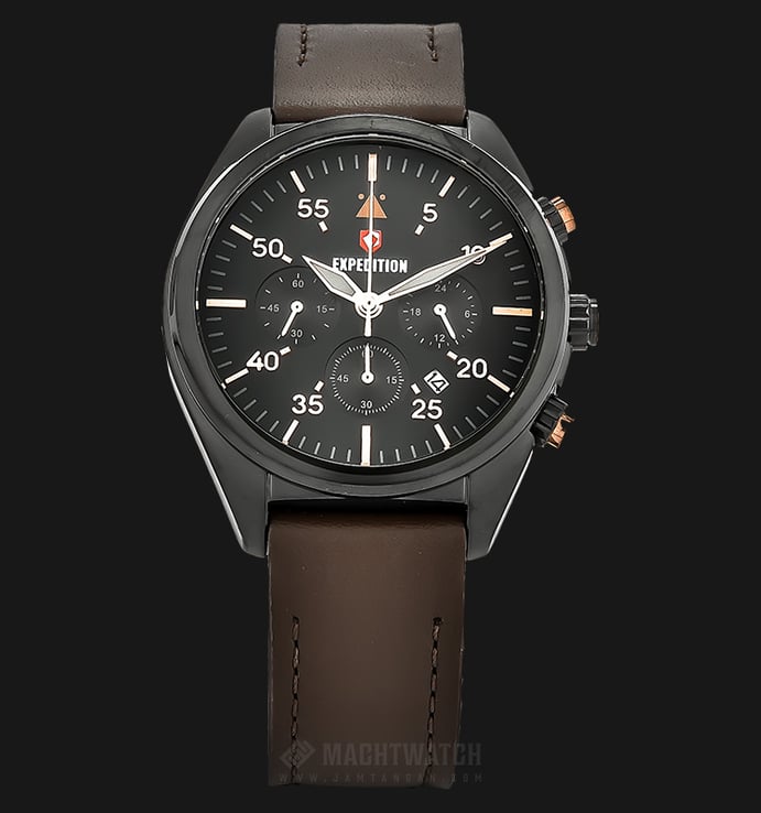 Expedition E 6675 MC LIPBARG Chronograph Men Black Dial Ion Plating Case Brown Leather Strap