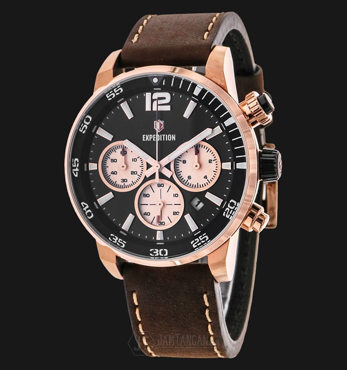 Expedition EXF-6685-MCLRGBA Chronograph Man Black Dial Brown Leather Strap