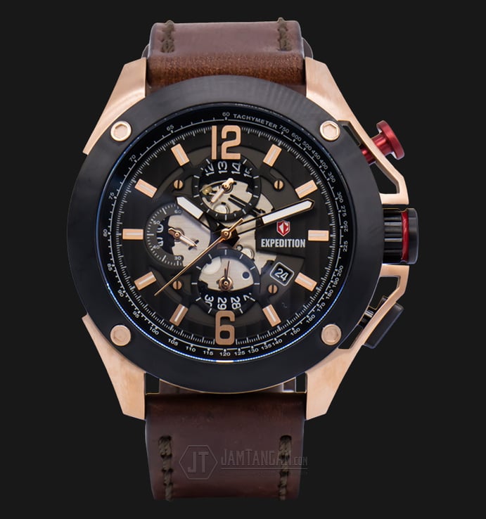 Expedition EXF-6697-MCLBRBA Man Black Dial Brown Leather Strap