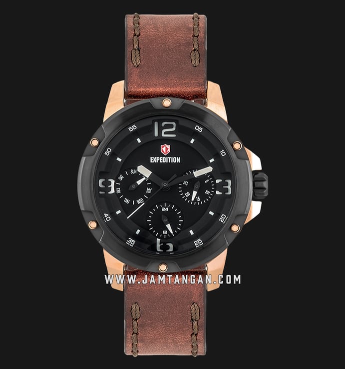 Expedition E 6698 BF LBRBA Sport Ladies Black Dial Brown Leather Strap