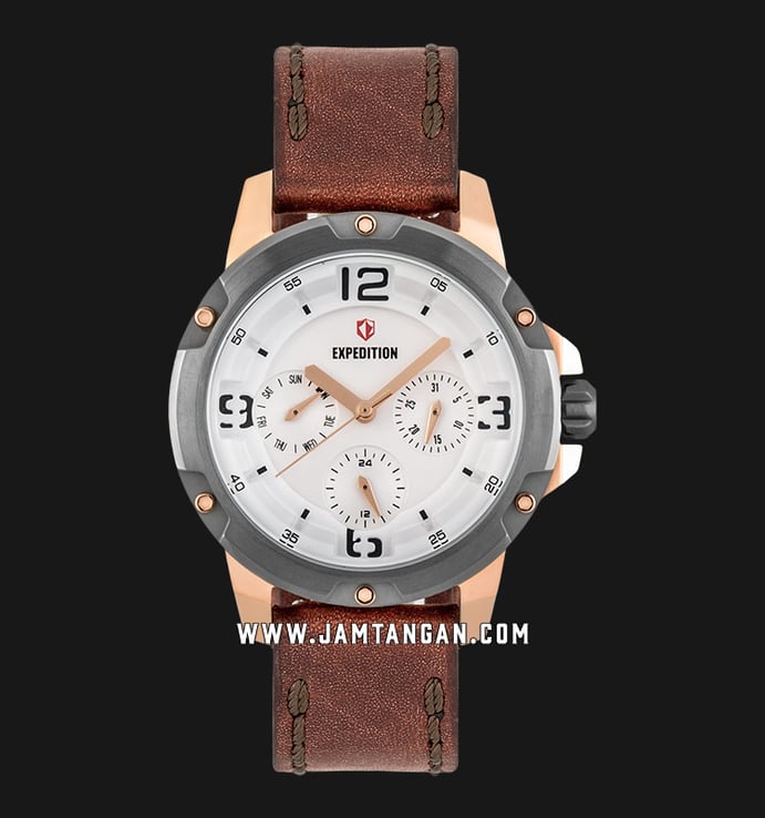 Expedition E 6698 BF LGRSL Sport Ladies White Dial Brown Leather Strap