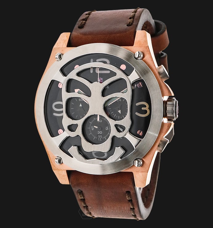 Expedition EXF-6699-MCLTRBA Chronograph Man Black Dial Brown Leather Strap Extra Skull Bracelet