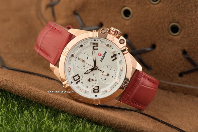Expedition E 6763 BF LRGSL Ladies Silver Dial Red Leather Strap