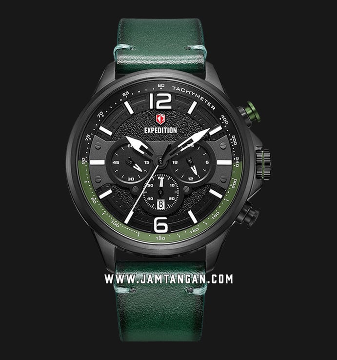 Expedition E 6796 MC LIPBAGN Chronograph Men Black Dial Green Leather Strap