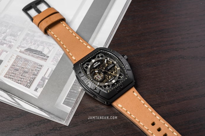 Expedition Automatic E 6800 MA LIPBAIV Black Skeleton Dial Light Brown Leather Strap