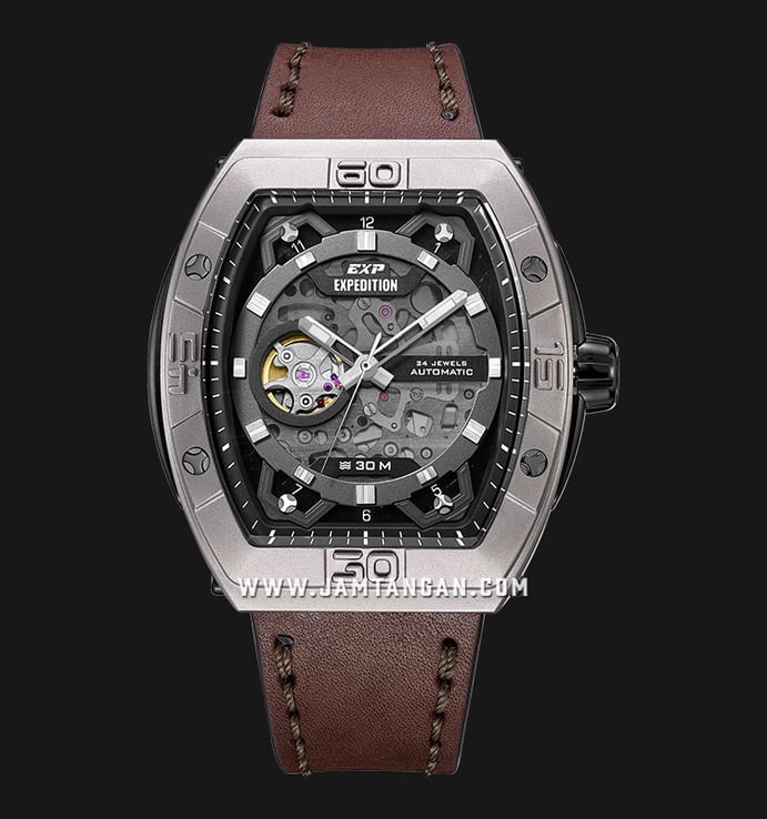 Expedition Automatic E 6800 MA LTPBABO Black Skeleton Dial Brown Leather Strap