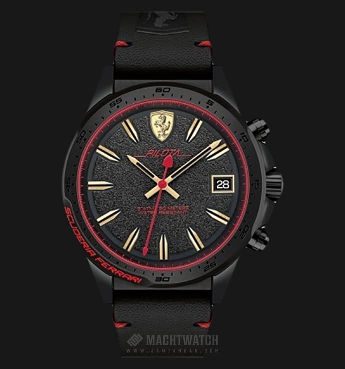 Ferrari 0830460 Pilota Chronograph Quartz Black Dial Black Leather Strap