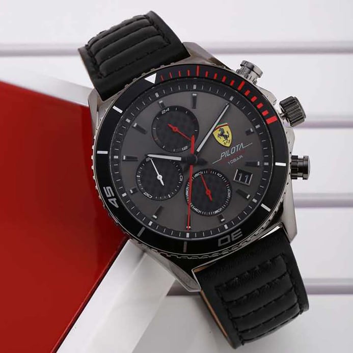Ferrari Scuderia Pilota Evoluzione 0830773 Chronograph Black Dial Black Leather Strap