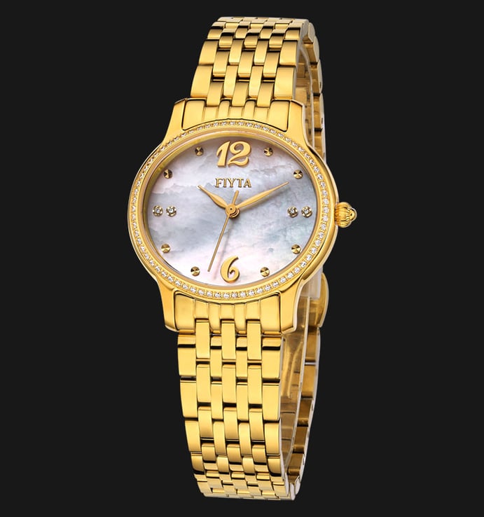FIYTA Classic DL0040.GWGD Allure Sapphire Crystal Mother of Pearl Dial Gold Stainless Steel Strap