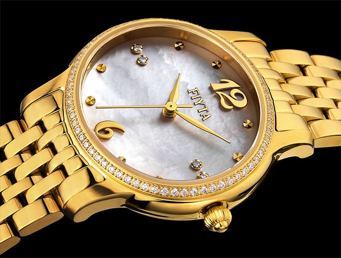FIYTA Classic DL0040.GWGD Allure Sapphire Crystal Mother of Pearl Dial Gold Stainless Steel Strap