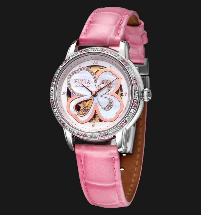 FIYTA Clover DLA8262.WWSD Gemstone Mother of Pearl Inlaid Dial Designed Pink Leather Strap