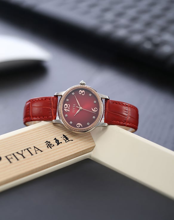 Fiyta Classic L515.MRRD Gem Inlaid Red Dial Quartz Movement Red Leather Strap