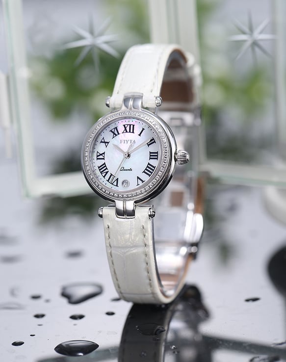 Fiyta Heartouching L588.WWWD Mother of Pearl Dial White Leather Strap