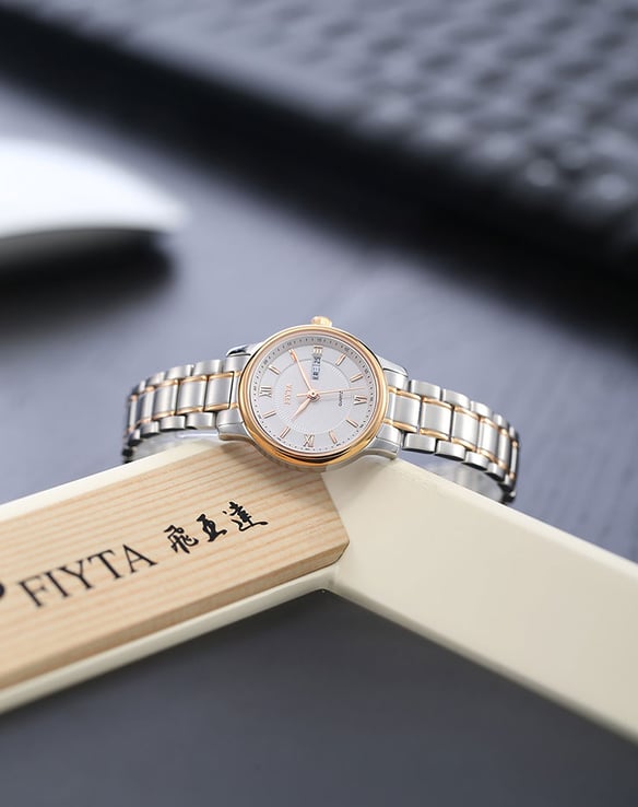 FIYTA Classic L612.MWM Ladies Silver Rose Gold White Dial Stainless Steel Strap