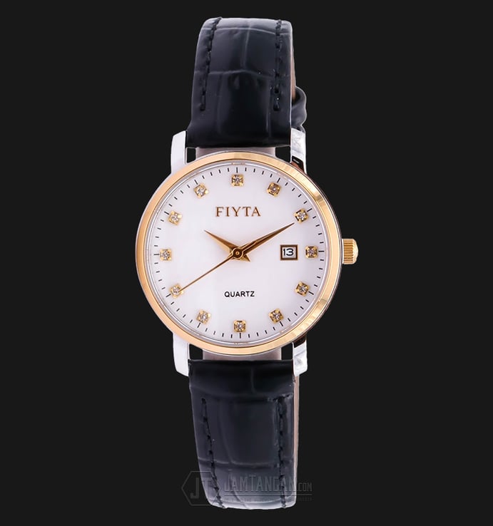FIYTA Classic L802029.TWB Ladies Gold White Dial Black Leather Strap