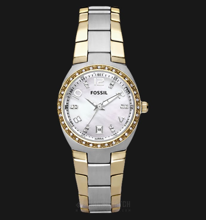 Fossil AM4183 Glitz Ladies White Mother of Pearl Dial Dual Tone Stainless Steel Strap