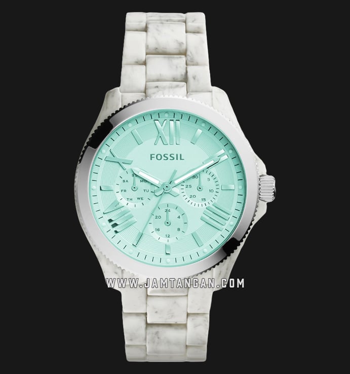 Fossil AM4644 Cecile Multifunction Ladies Turquoise Dial White Acetate Strap