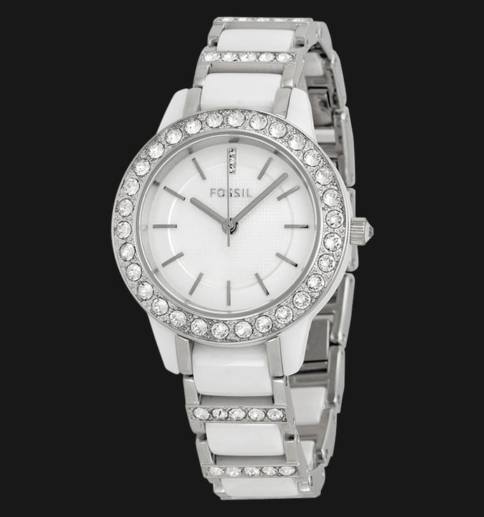 Fossil CE1017 Ladies Jesse Three Hand White Dial Ceramic White Stainless Steel Strap