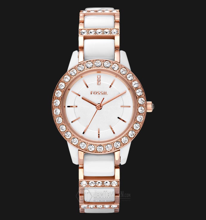 Fossil CE1041 Ladies Jesse White Ceramic Dial Rose Gold Tone Stainless Steel Strap