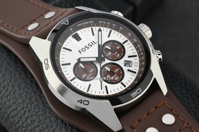 Fossil CH2565 Coachman Chronograph Silver Dial Brown Leather Strap